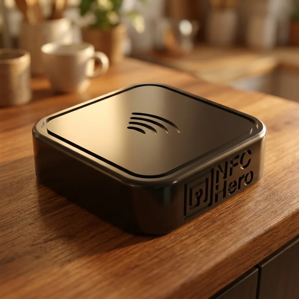 The OneTap NFC puck on a wooden counter